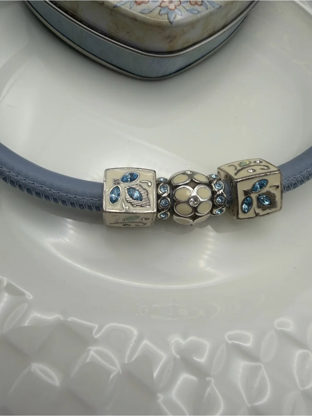 Brighton Light Blue Triple Wrap Leather Choker Necklace with Enamel Charms